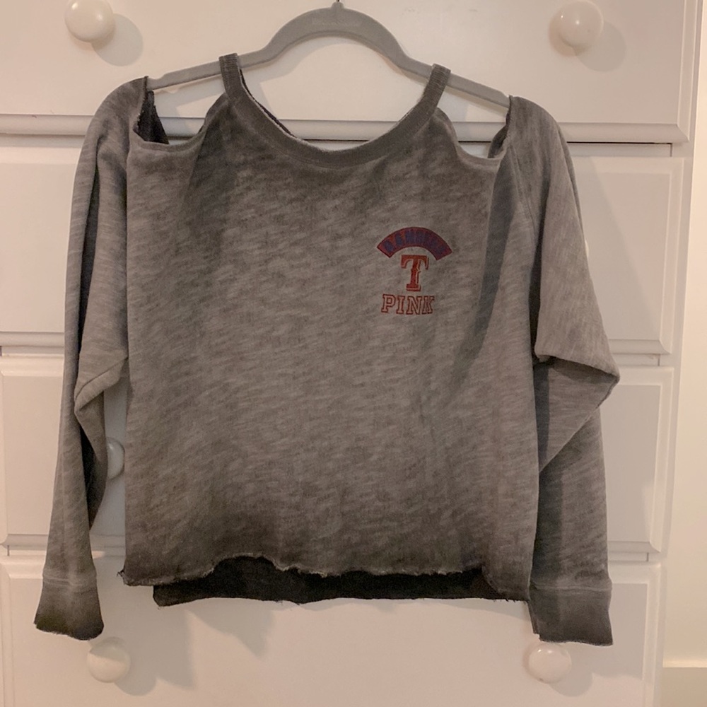 PINK Women’s Texas Rangers Gray Three Strikes Cropped Shoulder Shirt Size Small
